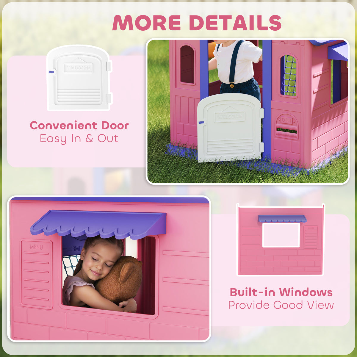 5-in-1 Playhouse for Kids Outdoor Indoor with Basketball Hoop, Football Goal, Dartboard, Ring Toss for 2-5 Years, Pink