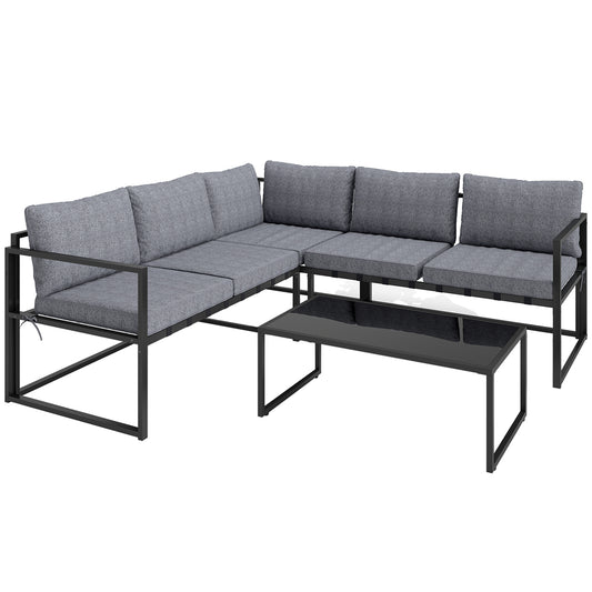 Three-Piece L Shaped Garden Furniture Set with Cushions - Grey