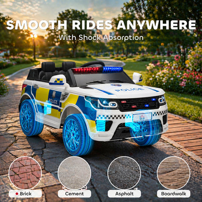 Ride on Police Kids Car 12V Electric Car for 3-6 Years with Remote Control Siren Flashing Lights Suspension, White