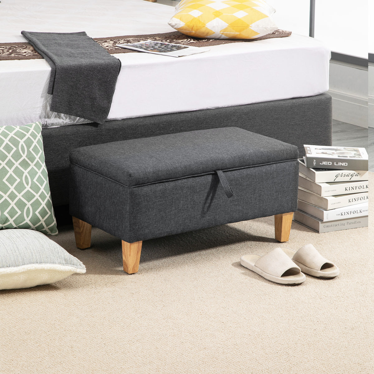 30L Linen Storage Ottoman Padded Footstool with Rubberwood Legs for Storage Box, Bed End, Shoe Bench, Seating, Dark Grey