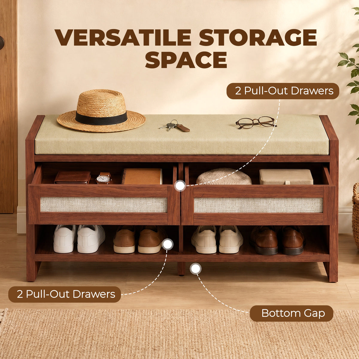 Boho Shoe Bench with 2 Rattan Drawers, Shoe Storage Bench with Cushioned Seat and Open Shelf Brown
