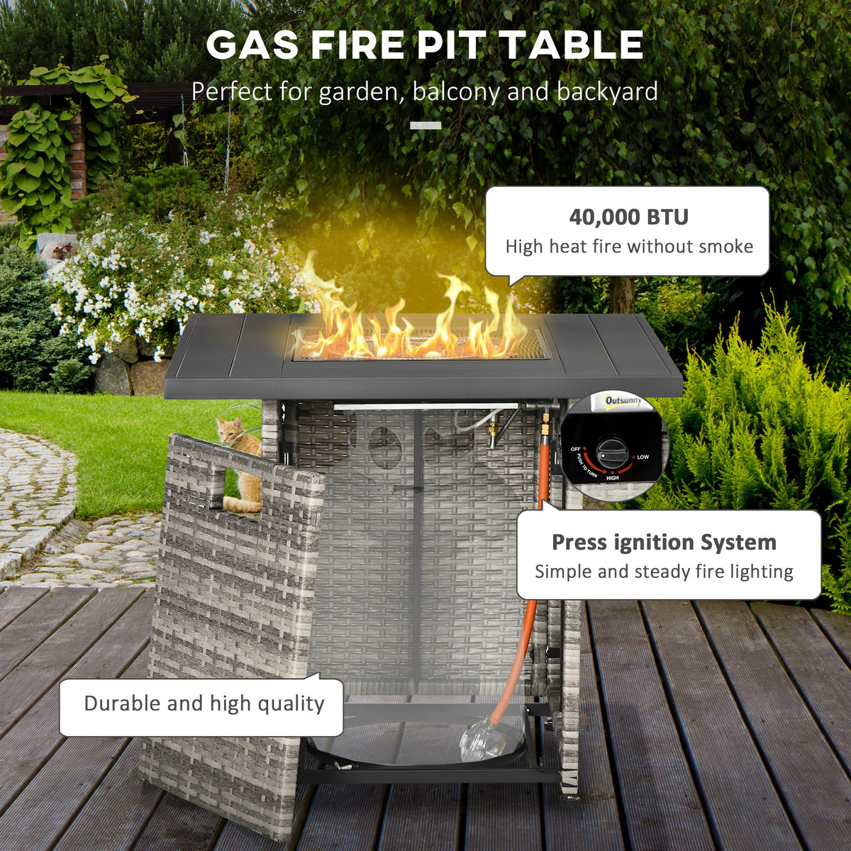 Outdoor PE Rattan Gas Fire Pit Table, Patio Square Propane Heater with Rain Cover, Mesh Lid and Lava Stone, 40, 000 BTU, Mixed Grey
