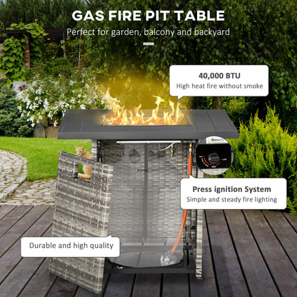 Outdoor PE Rattan Gas Fire Pit Table, Patio Square Propane Heater with Rain Cover, Mesh Lid and Lava Stone, 40, 000 BTU, Mixed Grey