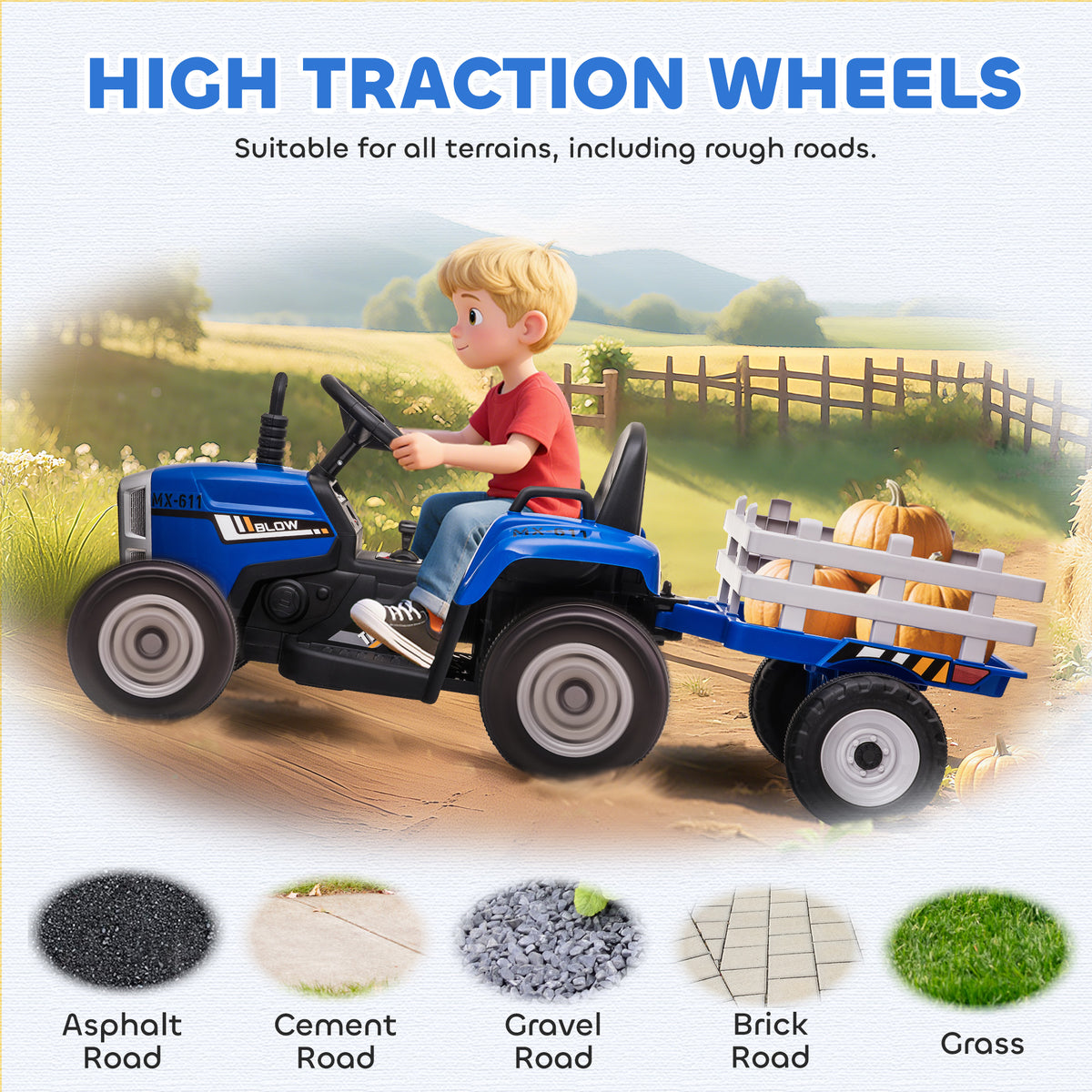 Ride On Tractor, Battery Powered Electric Car, with Detachable Trailer, Remote Control, Music