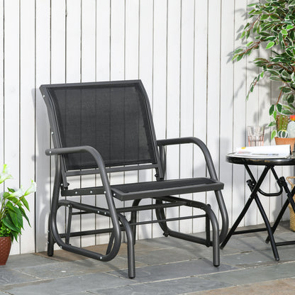 Outdoor Garden Glider Chair, Metal Frame Single Armchair Swing Seater w/ Breath Mesh Fabric Seat, Curved Backrest, Armrests, for Living Room, Patio, Porch, Dark Grey