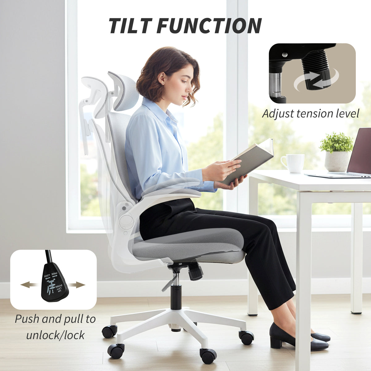 Ergonomic Office Chair with Foldable Backrest, 2D Headrest - Light Grey