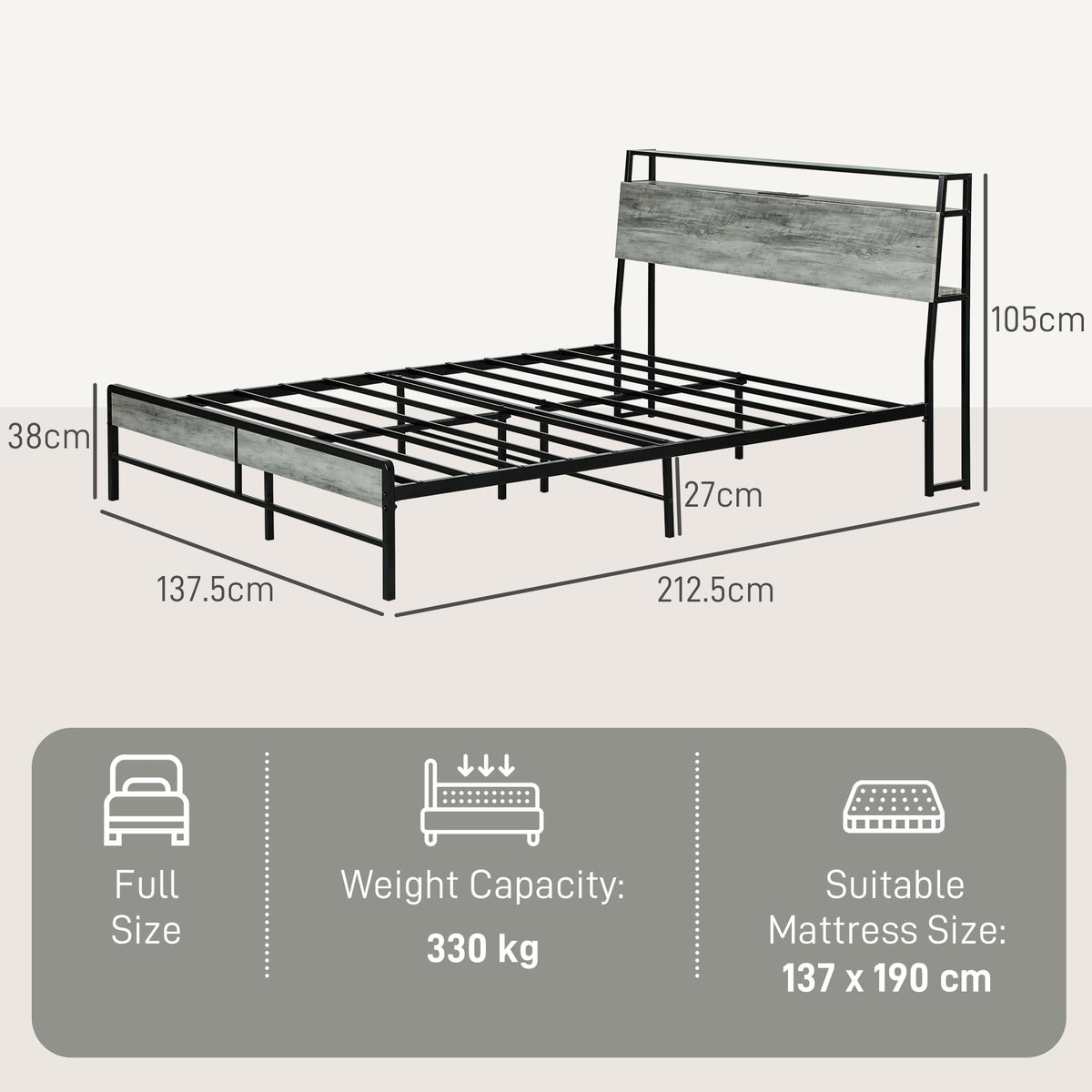 Double Steel Bed Frame, with LED Lights and Shelf - Grey