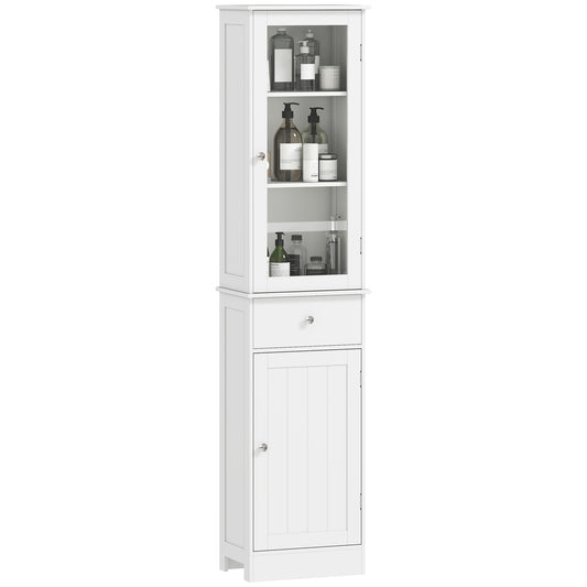 Bathroom Storage Cabinet with 3-tier Shelf Drawer Door, Floor Cabinet Free Standing Tall Slim Side Organizer Shelves, White