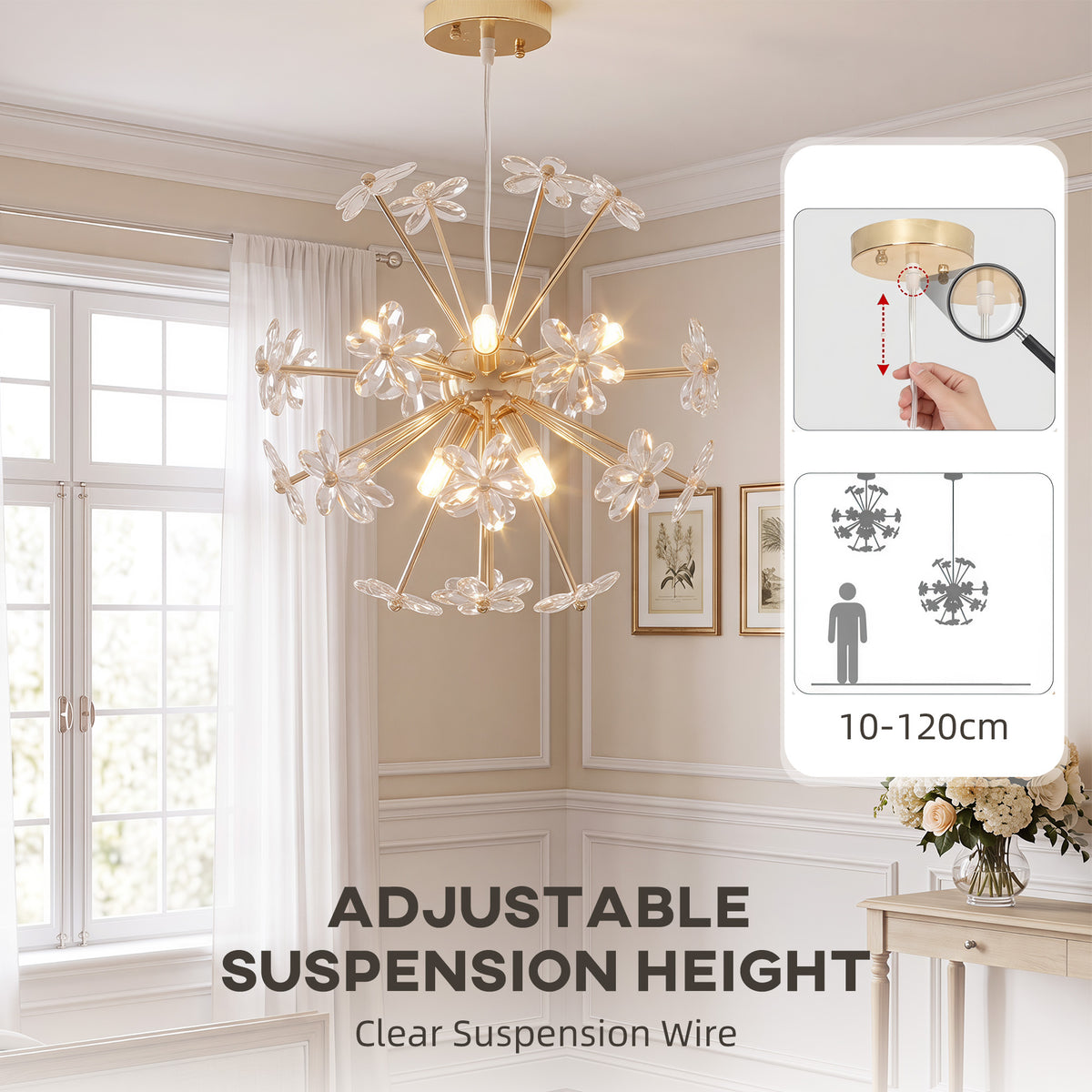 Crystal Chandeliers Ceiling Light with Flower, Modern Pendant Light with Adjustable Height, Ceiling Plate, Clear