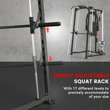 3-in-1 Smith Machine with Dual Cable Pulley System, Chest Press Station, 17-Level Squat Rack and Barbell Bar