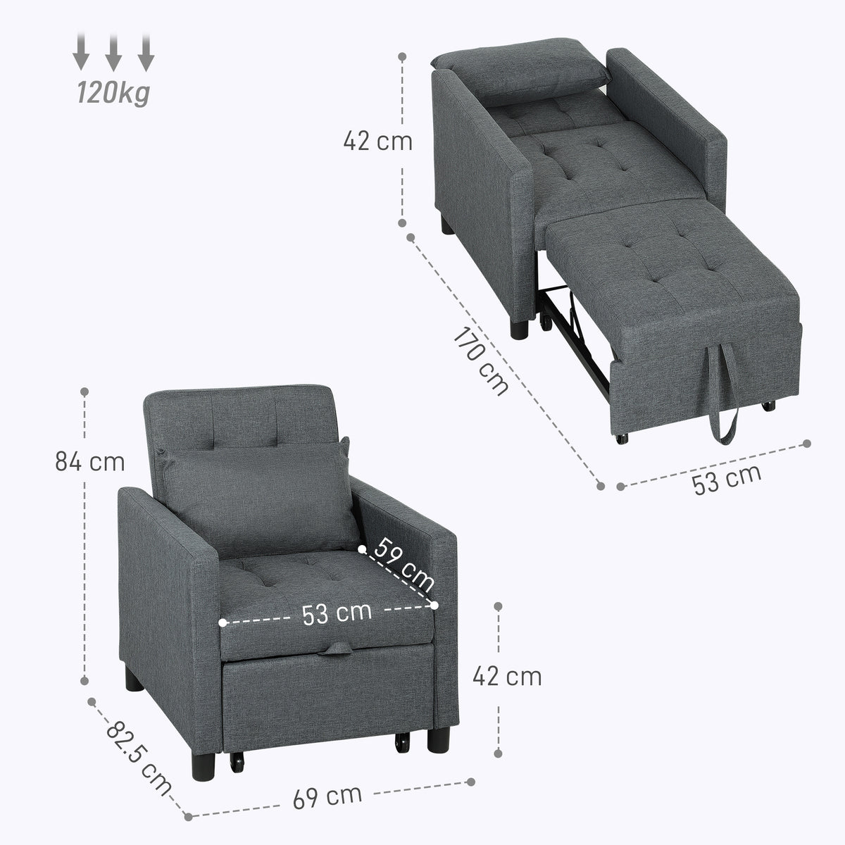 3-In-1 Chair Bed, Convertible Sleeper Chair with Adjustable Backrest, Pillow and Footrest for Living Room, Dark Grey