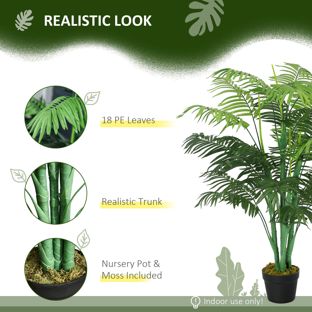 125cm/4FT Artificial Palm Plant Decorative Tree with Nursery Pot, Fake Plastic Indoor Home Office Décor, Green