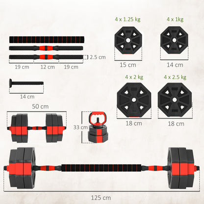 6-in-1 Adjustable Weight Dumbbells Set, Used as Kettlebell, Barbell, Dumbbell, Push-Up Stand, 30kg Free Weights Set for Men and Women Home Gym Training, Red