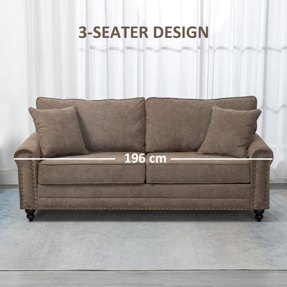 196cm 3 Seater Sofa, Fabric Sofa with Rubber Wood Legs, Nailhead Trim, 2 Pillows, Small Upholstered Couch Settee for Living Room, Guest Room