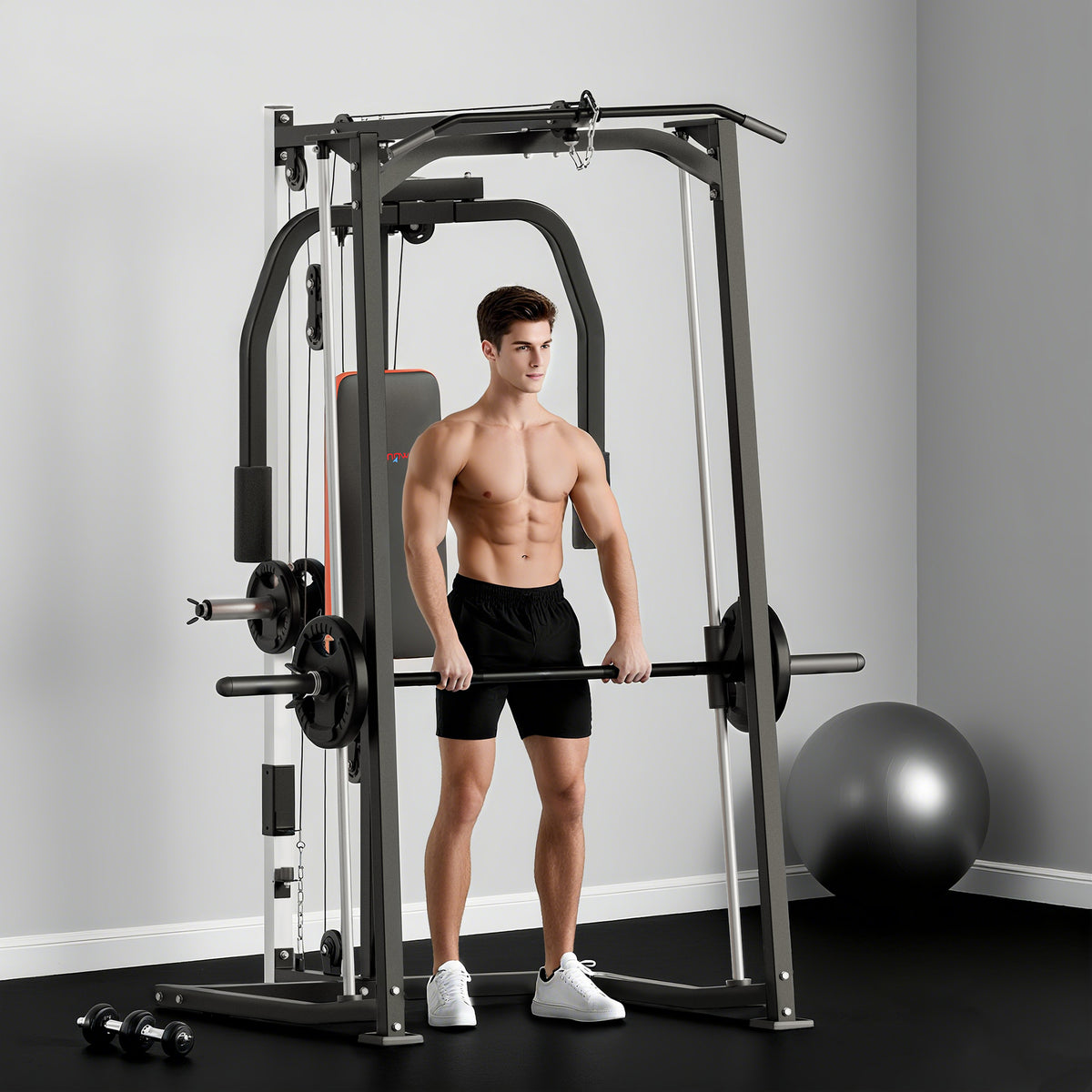 3-in-1 Smith Machine with Dual Cable Pulley System, Chest Press Station, 17-Level Squat Rack and Barbell Bar