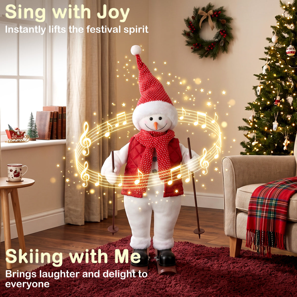 2ft Singing Skiing Santa Claus, Standing Christmas Animated Santa Figure with Ski Board, Poles, Sound/Touch Activated