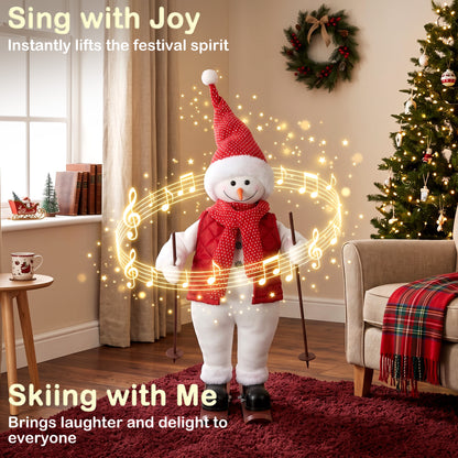 2ft Singing Skiing Santa Claus, Standing Christmas Animated Santa Figure with Ski Board, Poles, Sound/Touch Activated