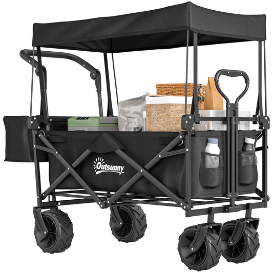 180L Festival Trolley on Wheels, Push & Pull Beach Cart with Removable Canopy, Wide All-Terrain Wheels, Folding Camping Trolley Cart, Adjustable Handle for Garden Fishing Shopping