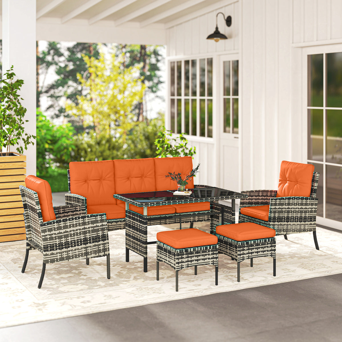 6 Pieces Rattan Garden Furniture Set with Dining Table and Cushions