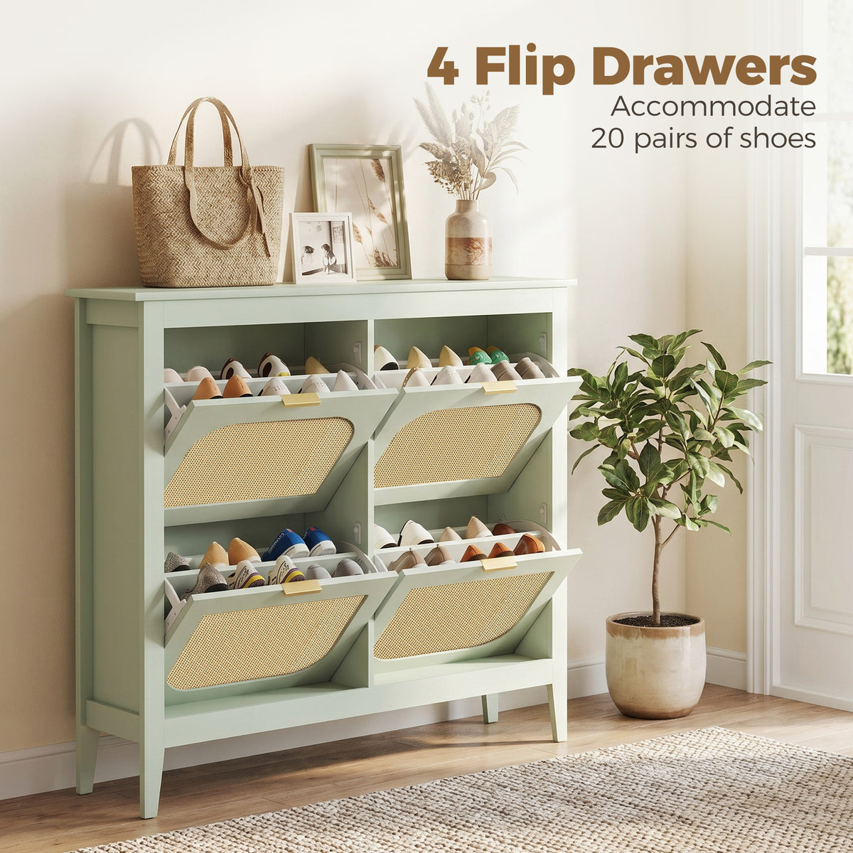 Narrow Shoe Cabinet, Boho Slim Shoe Storage Cabinet with 4 Flip Drawers, Holds 20 Pairs, Light Green
