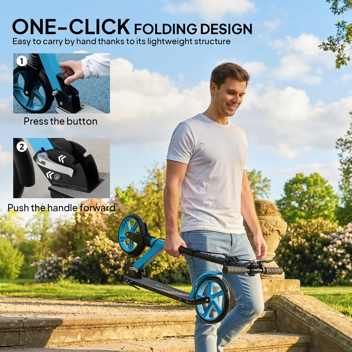 One-click Folding Kick Scooter for 14+ w/ Adjustable Handlebar, Push Scooter with Kickstand, Dual Brake System