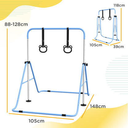Adjustable Height, Foldable Kids Gymnastics Bar w/ Non-slip Rubber Floor Rings, for 3+ Years