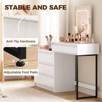 Vanity Makeup Desk LED Mirror Dressing Table Large Storage 5 Drawers White