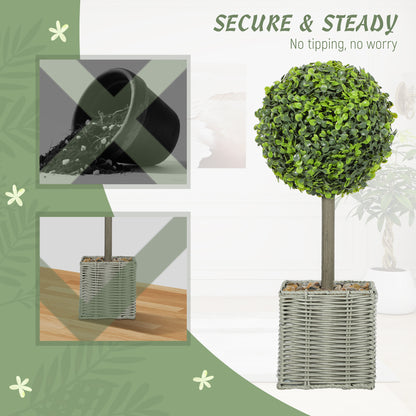 Set of 2 Decorative Artificial Plants, 50cm Faux Boxwood Topiary Balls with Woven Plastic Pot and Pebbles, Fake Plants for Home or Office Decor, Green