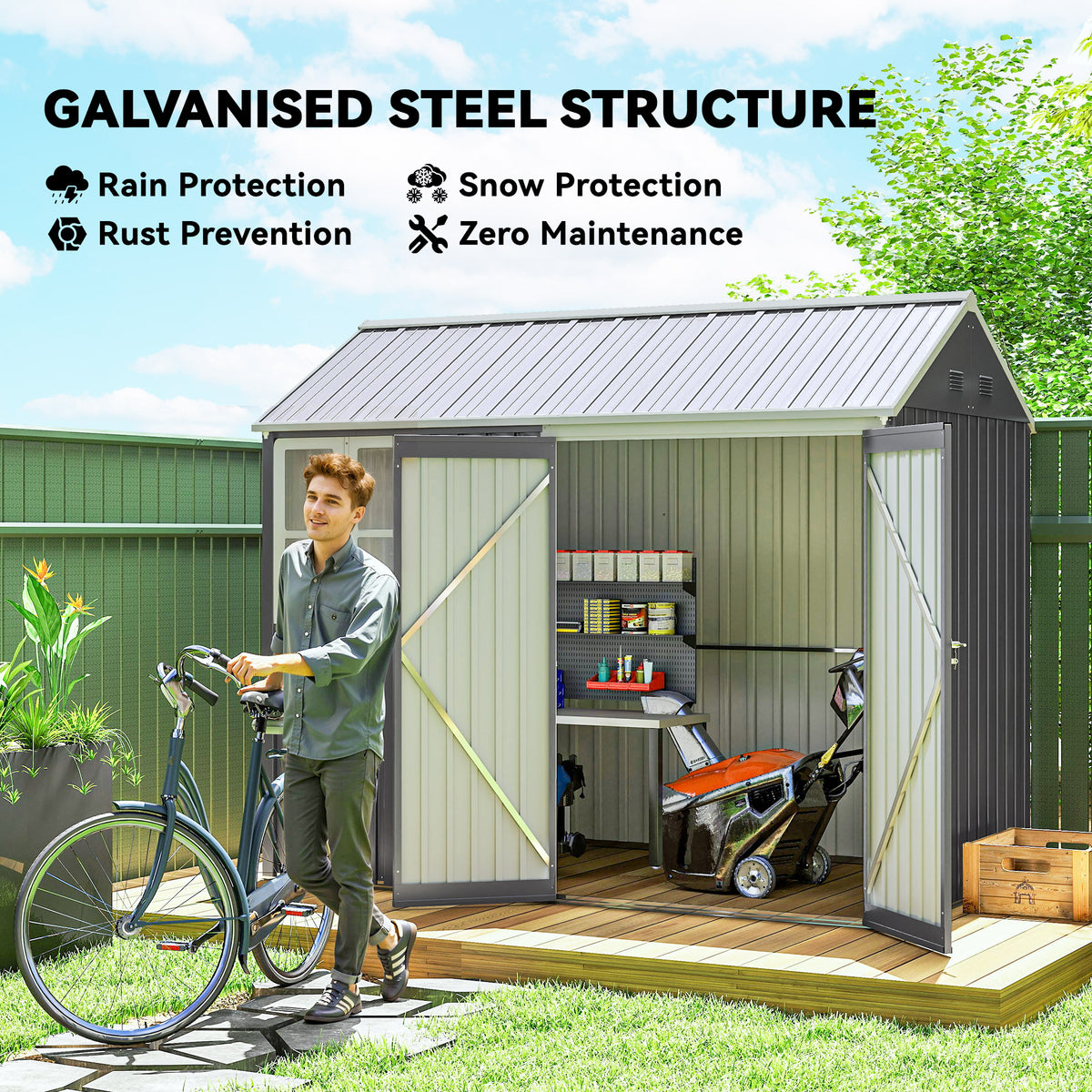 8 x 6 ft Galvanised Garden Shed, Outsoor Metal Storage Shed with Double Doors Window Air Vents, Grey