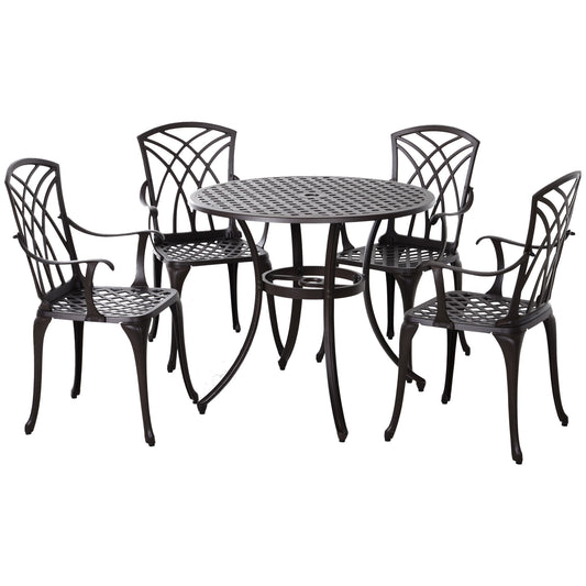 5 Pieces Garden Dining Set for 4, Cast Aluminium Outdoor Dining Set with 4 Armchairs and Round Dining Table with Parasol Hole, Garden Furniture Bistro Set