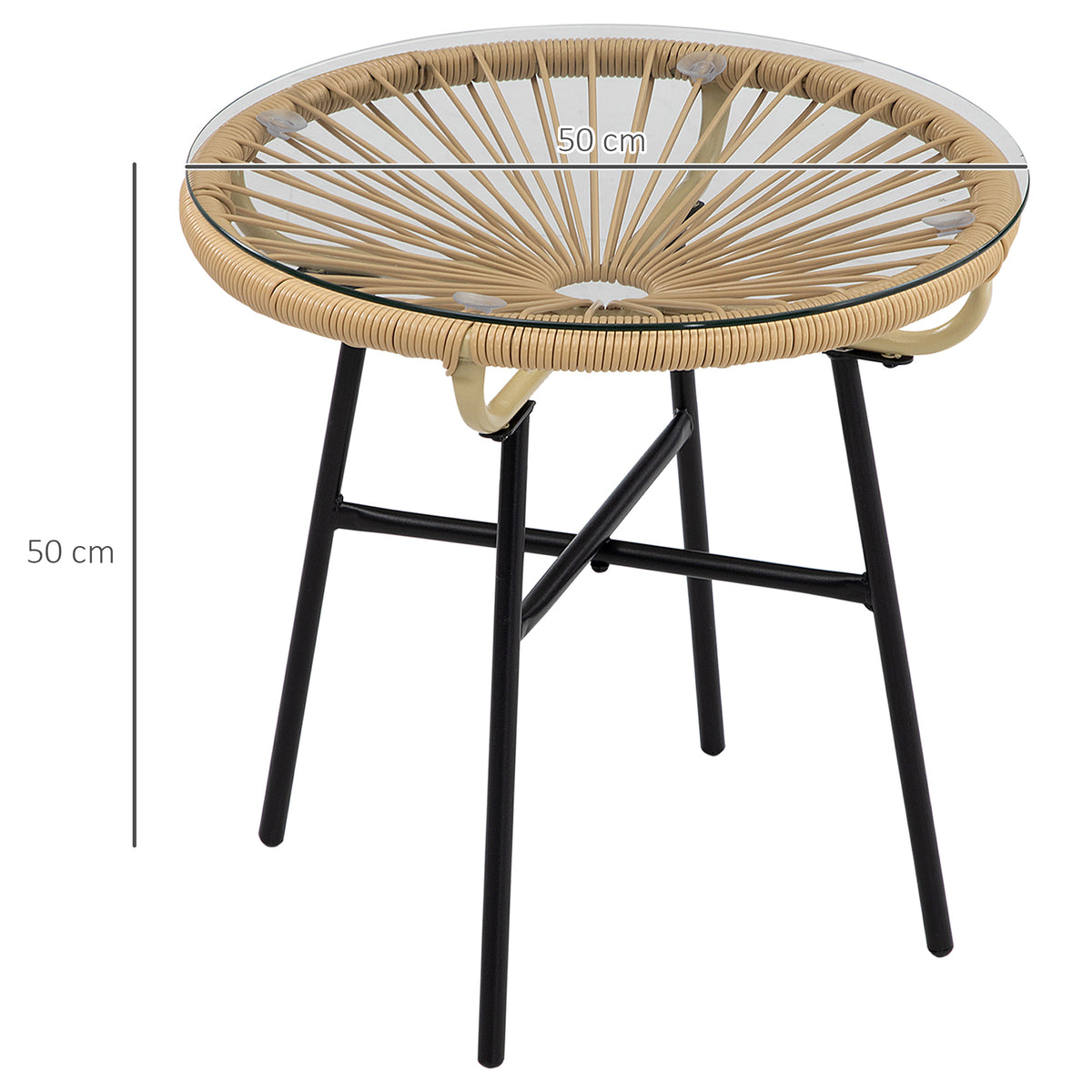 Rattan Side Table, Round Outdoor Coffee Table, with Round PE Rattan and Tempered Glass Tabletop for Patio, Garden, Balcony, Beige