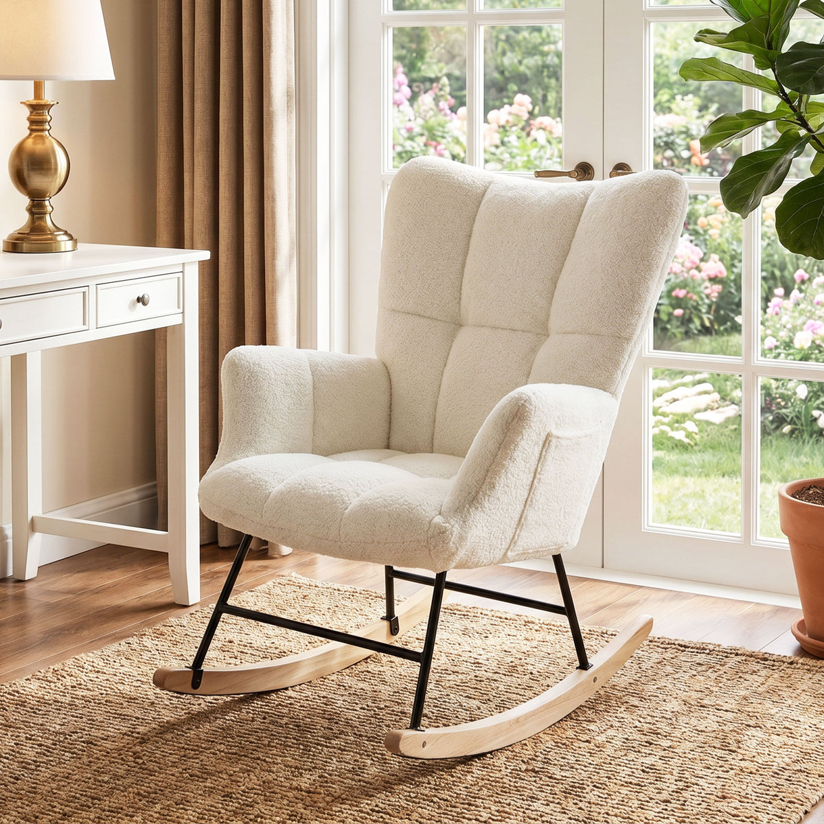 Rocking Chair, Teddy Fleece Rocker Chair with Tufted Wingback, Side Pockets, Rubber Wood Legs