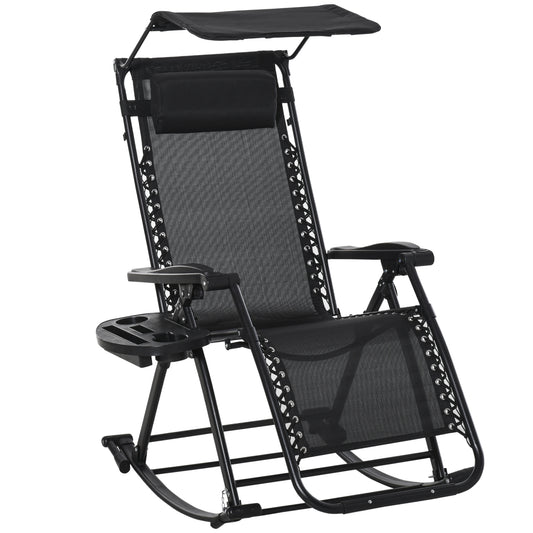 Garden Rocking Chair Folding Recliner Outdoor Adjustable Sun Lounger Rocker Zero-Gravity Seat with Headrest Side Holder Patio Deck