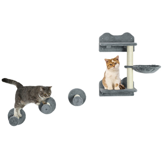 4 Piece Cat Shelf with Scratching Post, Wall-Mounted Cat Tree for Indoor Cat - Grey