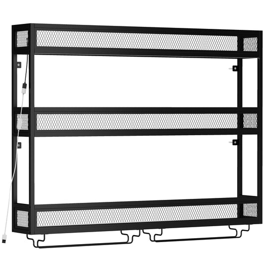 Wall-Mounted Wine Rack with LED Lights, Glass Holders, Open Shelf, Metal Storage Rack, Black