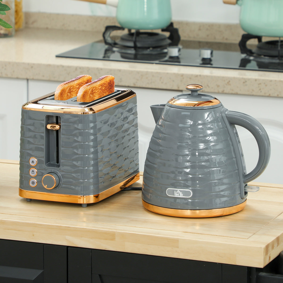 3000W 1.7L Rapid Boil Kettle & 2 Slice Toaster, Kettle and Toaster Set with 7 Browning Controls and Crumb Tray, Grey