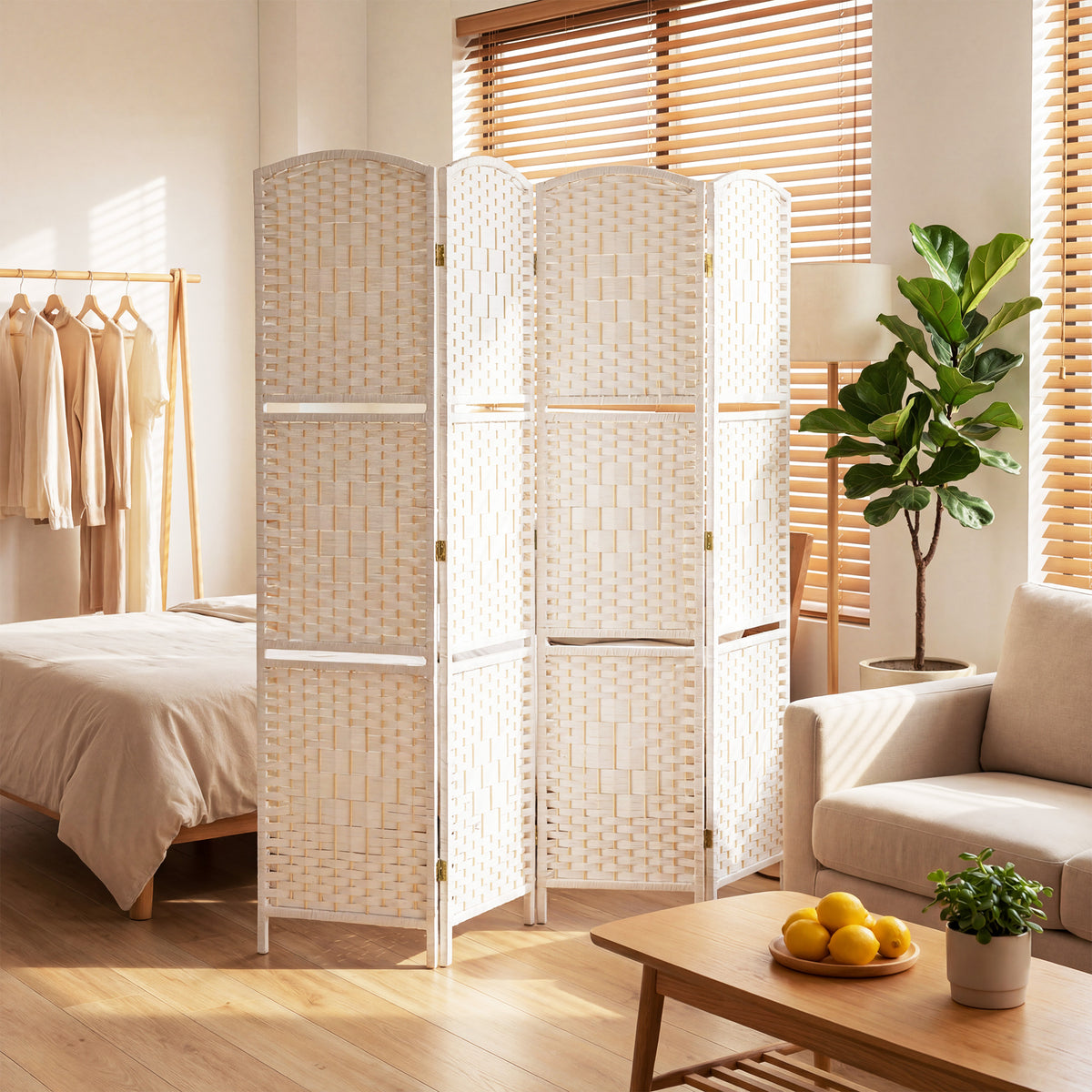 Freestanding Privacy Screen, 4 Panel Folding Room Divider for Living Room, Bedroom and Office, 160 x 170cm, White