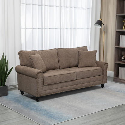 196cm 3 Seater Sofa, Fabric Sofa with Rubber Wood Legs, Nailhead Trim, 2 Pillows, Small Upholstered Couch Settee for Living Room, Guest Room