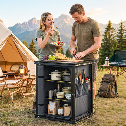 Camping Cupboards, Folding Portable Kitchen Table with 3-Tier Storage, Black