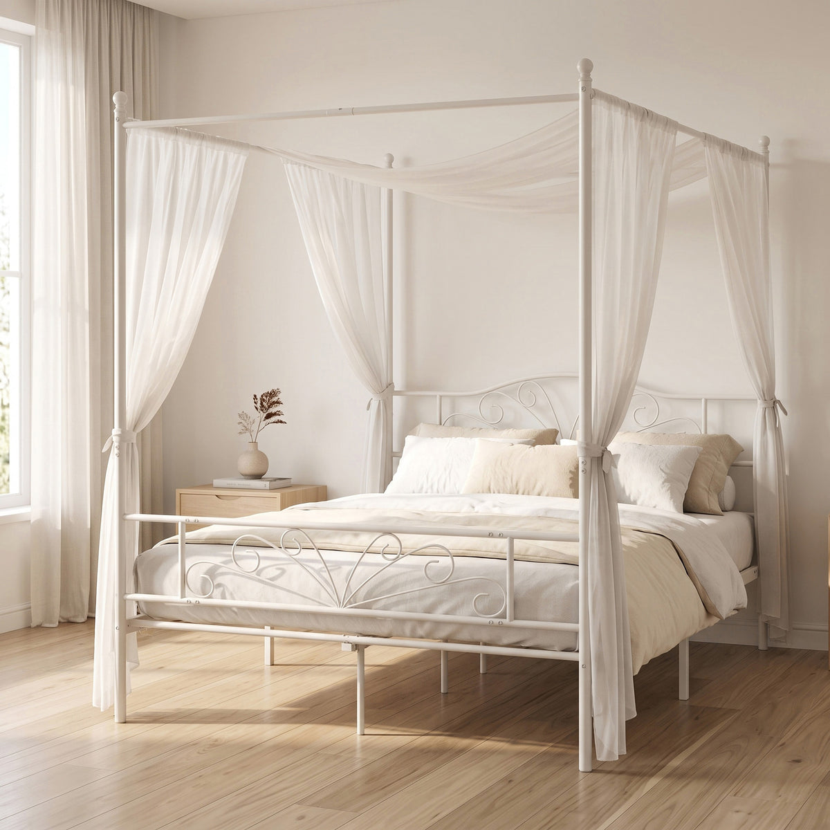 Canopy Bed Frame Double Size, Metal Platform Bed Frame with Headboard and Footboard, Underbed Storage, White