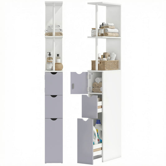 Tall Bathroom Cabinet, Freestanding Slim Bathroom Storage Cabinet with 2-Tier Open Shelf and 2 Drawers for Small Space, Narrow Cupboard Storage Unit, White and Grey