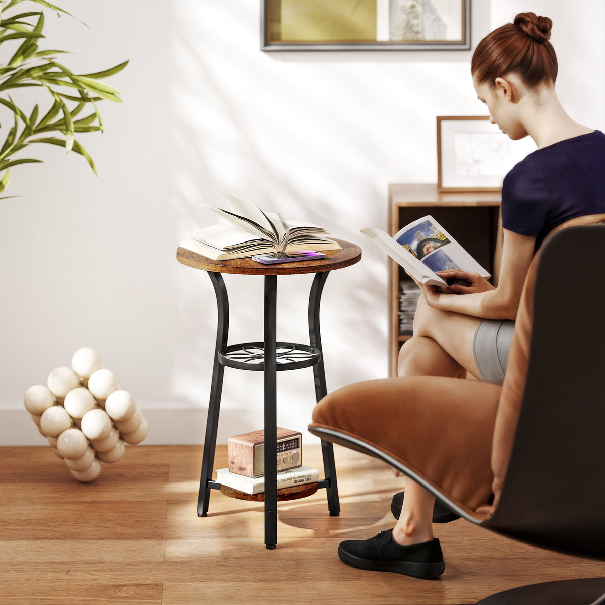 Small Round Side Table with 3 Storage Shelves - Rustic Brown