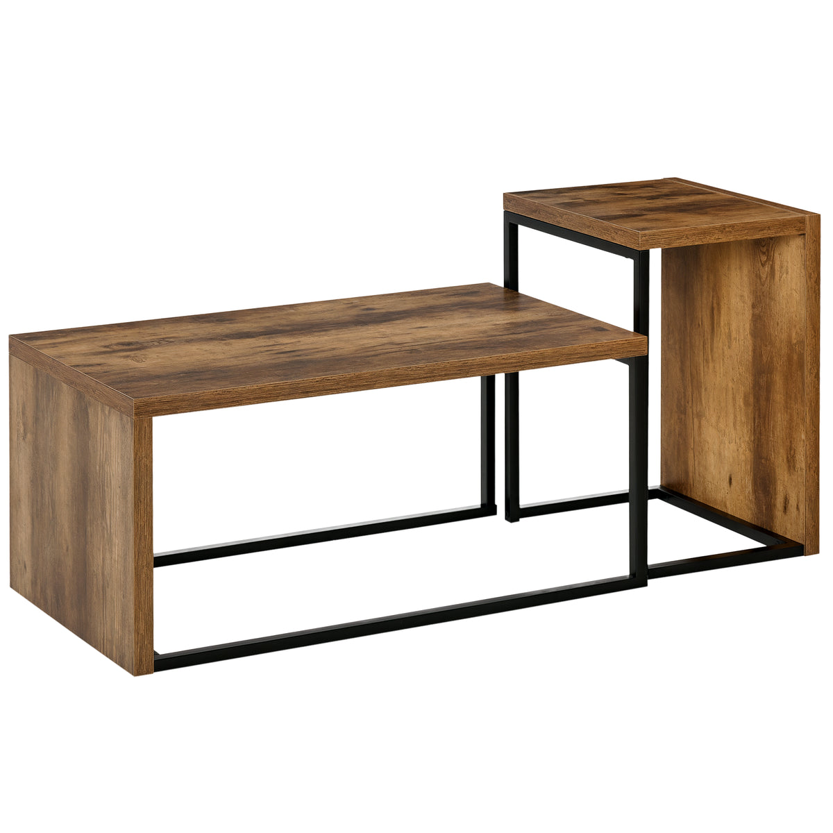Nesting Coffee Table Set of 2, Industrial Stacking Side End Tables with Metal Frame for Living Room, Bedroom, Rustic Brown
