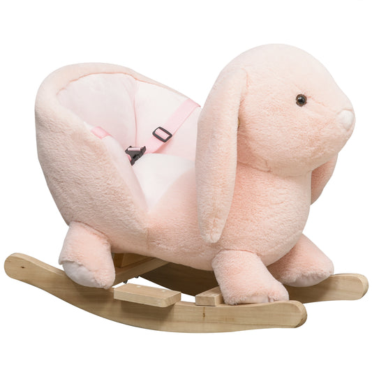 Baby Rocking Horse, Plush Ride On Horse, Rabbit Ride-On Toy with Sound, Wood Base, Seatbelt, for Ages 18-36 Months, Pink