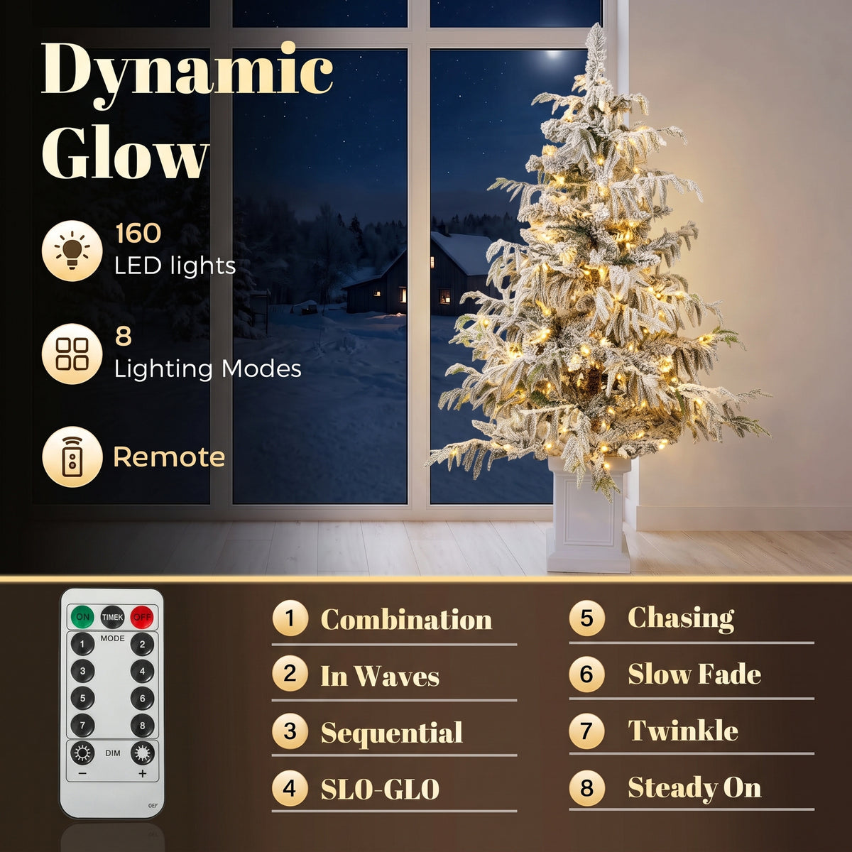 4ft Prelit Flocked Christmas Tree, Artificial Snow Flocked Spruce with 160 Warm White LED Lights, 8 Modes, Green