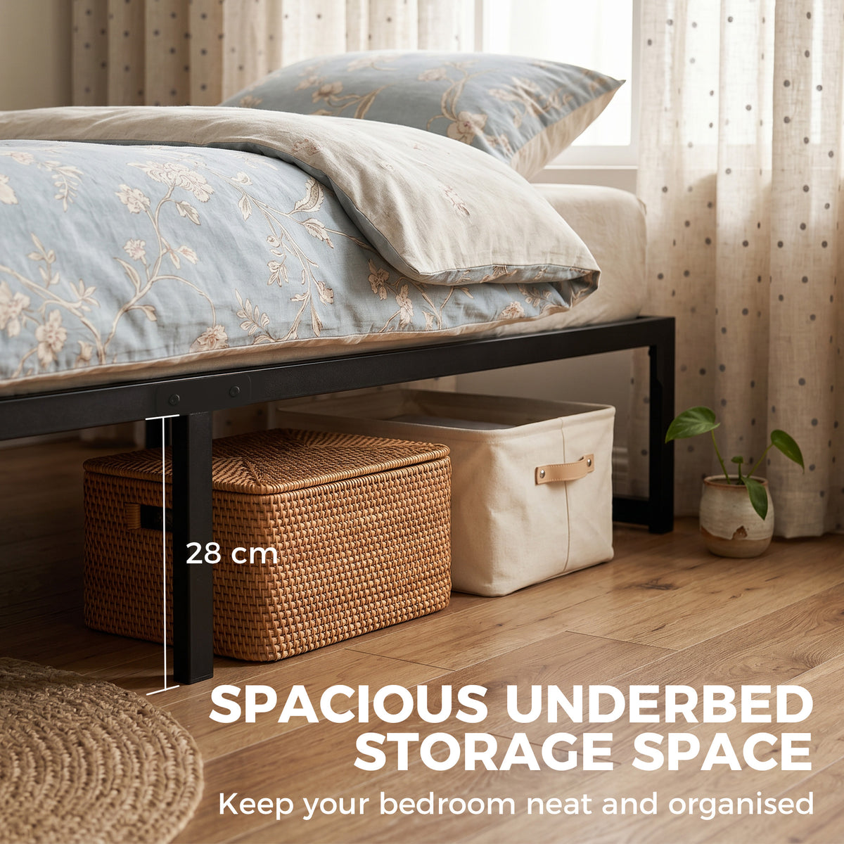 4ft Small Double Bed Frame with Underbed Storage and Steel Slat Support, 32.5 cm Height, Noise-Free, Black
