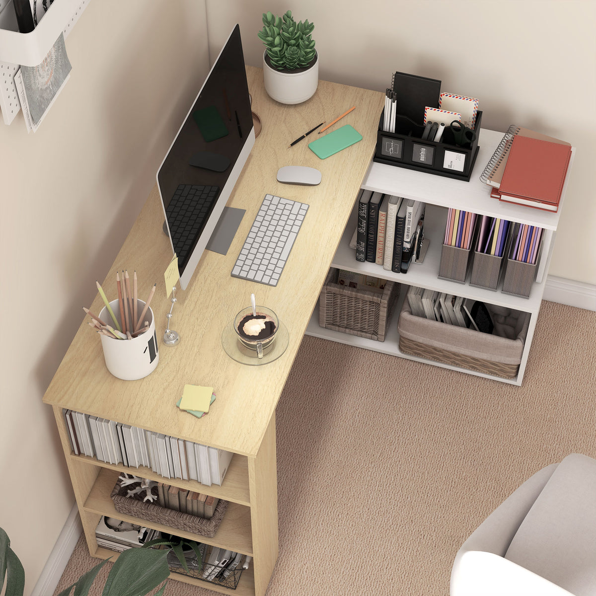 Corner Computer Desk, L Shaped Desk with 360° Rotating Bookshelf, 120L x 110W x 74.5H cm