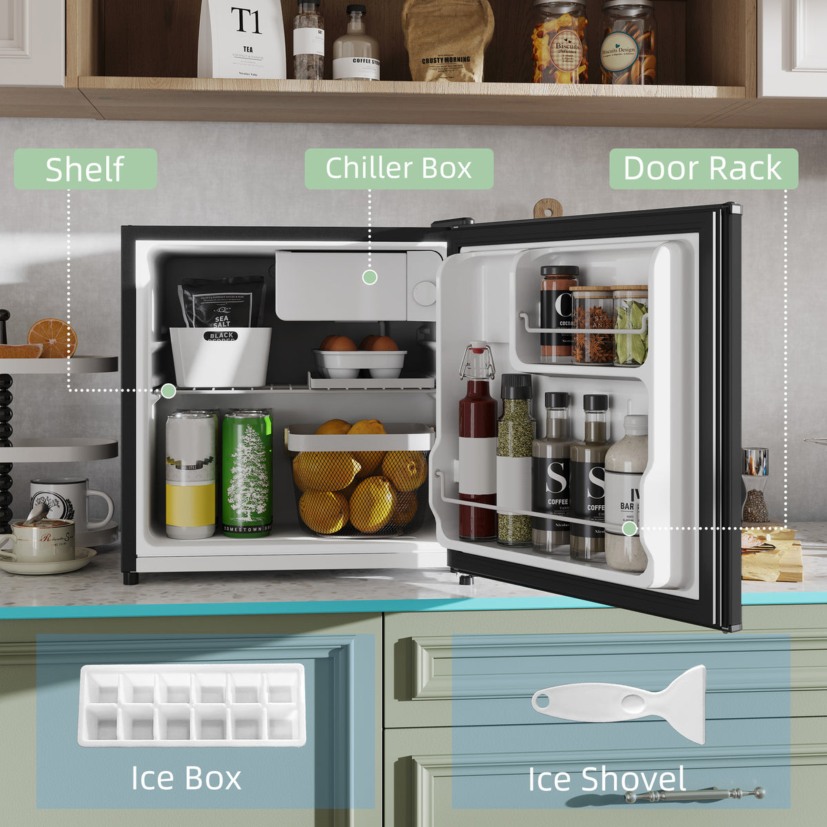 46 Litre Table Top Mini Fridge, Small Fridge with Ice Box, Reversible Door, Adjustable Temperature and Legs for Bedrooms, Home Office