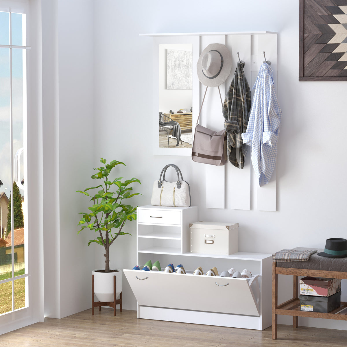 2PC Shoes Storage Chest Cloths Rack Unit w/Mirror Multiple Shelves Large Storage Capacity Shoes Cabinet 6 Hooks Cloth Rack White