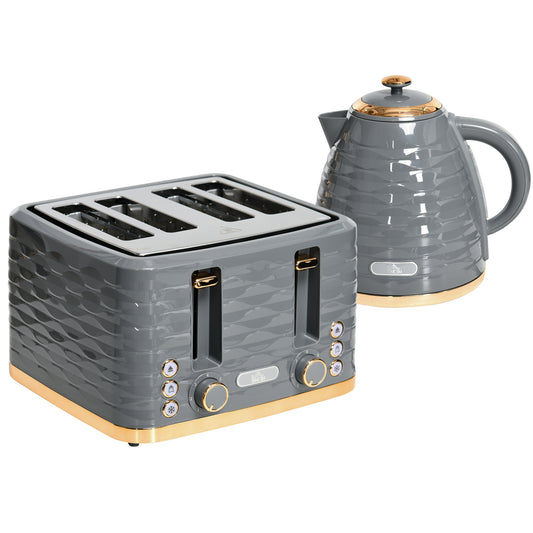 Kettle and Toaster Sets, 3000W 1.7L Rapid Boil Kettle & 4 Slice Toaster with 7 Browning Controls, Defrost, Reheat and Crumb Tray, UK Otter thermostat, Grey